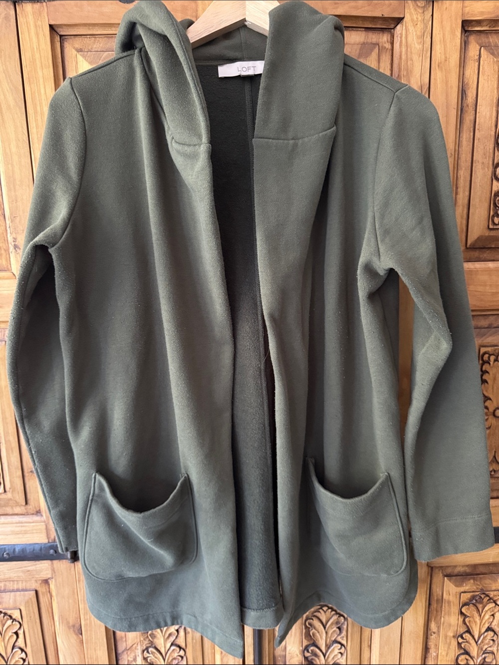 LOFT Olive Green Hooded Open-Front Fleece Jacket